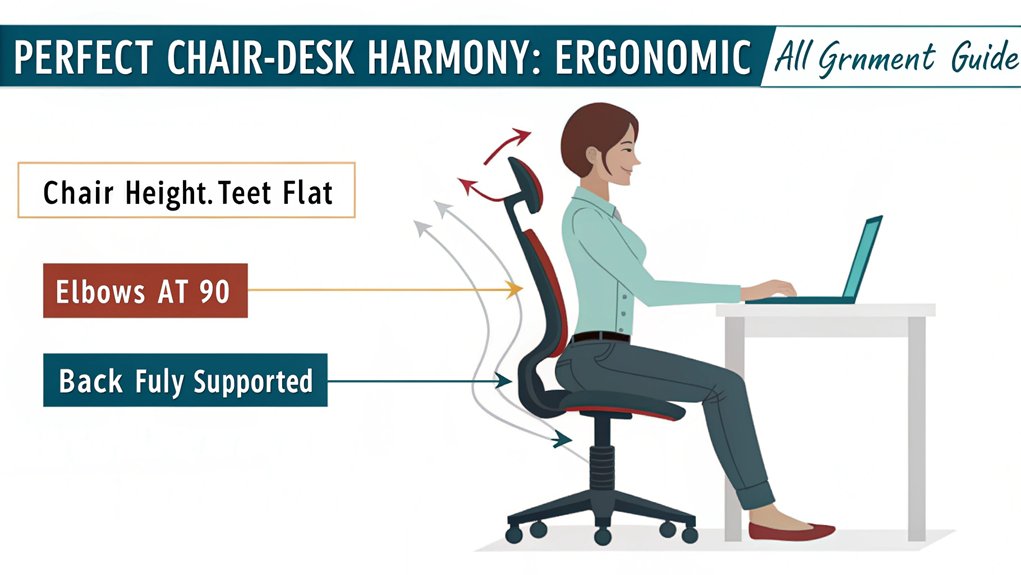 An infographic showing optimal chair and desk positioning for proper ergonomics. Include visual guides for chair height (knees at 90°), armrest alignment with desk, lumbar support placement, and ideal monitor height. Use arrows to indicate proper posture flow from head to feet. 