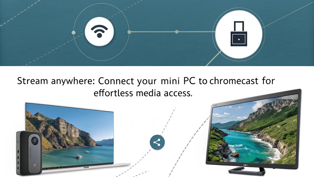 An infographic showcasing how to leverage Chromecast for portability when using a mini PC. Highlight setup, streaming tips, and travel benefits