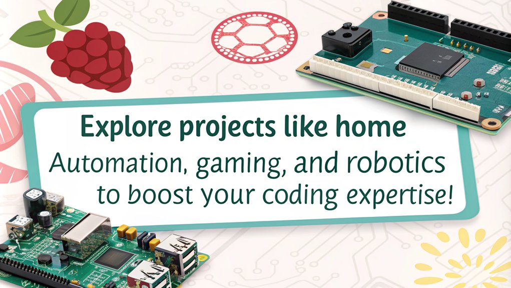 An infographic showcasing Raspberry Pi projects that enhance coding skills, highlighting software and programming techniques. The only text in the image is as follows: "Explore projects like home automation, gaming, and robotics to boost your coding expertise!"