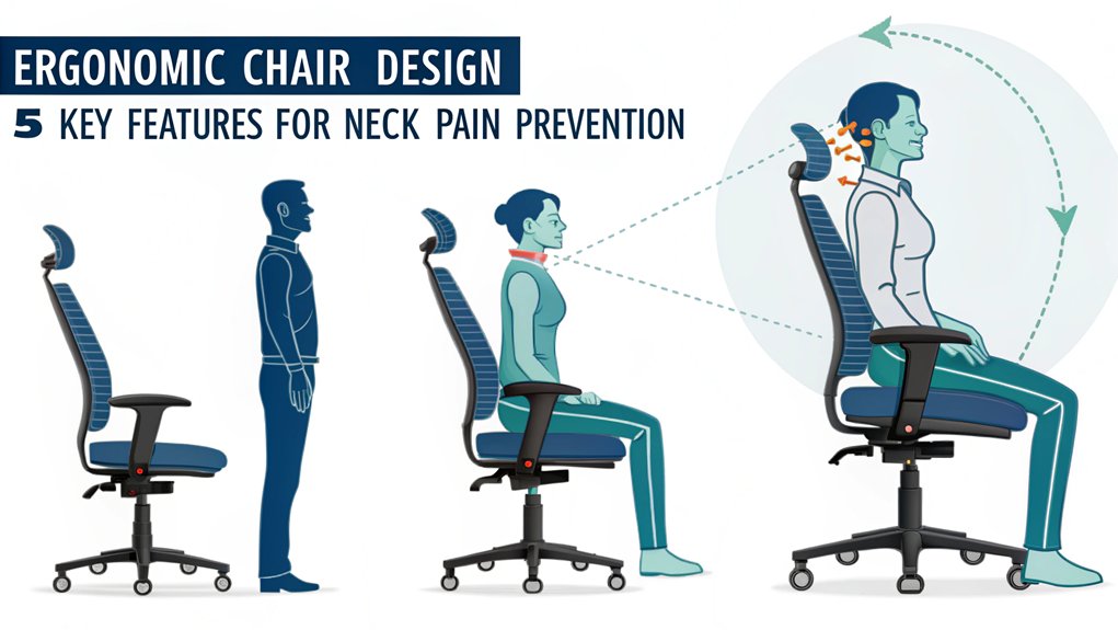 An infographic showing features of ergonomic chairs in reducing neck pain. Include adjustable headrest, lumbar support, proper seat height, armrests, and swivel base. Use anatomical illustrations showing correct vs. incorrect postures with arrows indicating pressure points.