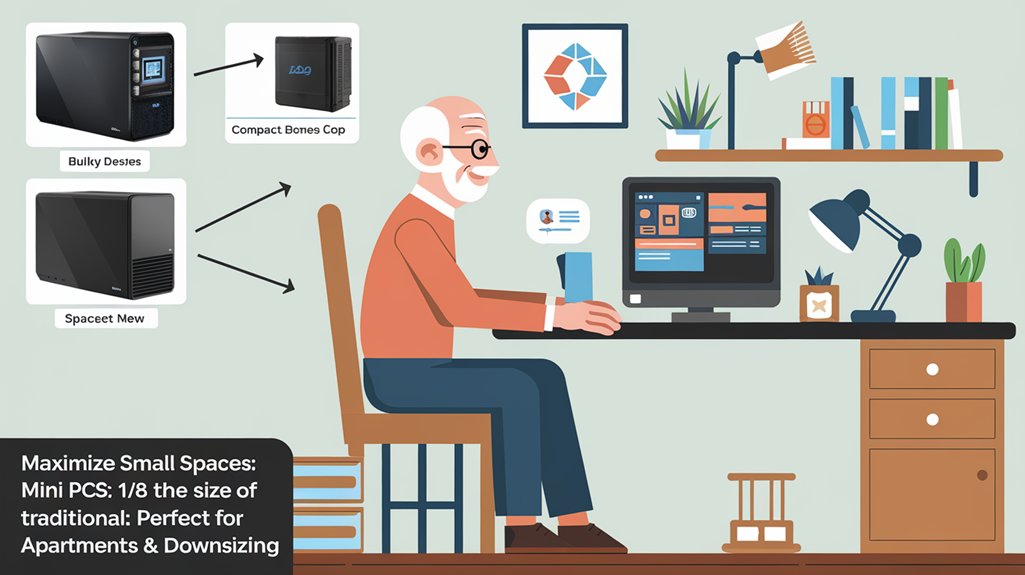 An infographic showing an elderly person in a small apartment with a mini PC that takes up minimal space on a desk. Include visual comparisons between bulky desktop towers and compact mini PCs, with arrows pointing to spaces saved. Shows why seniors need a mini pc.