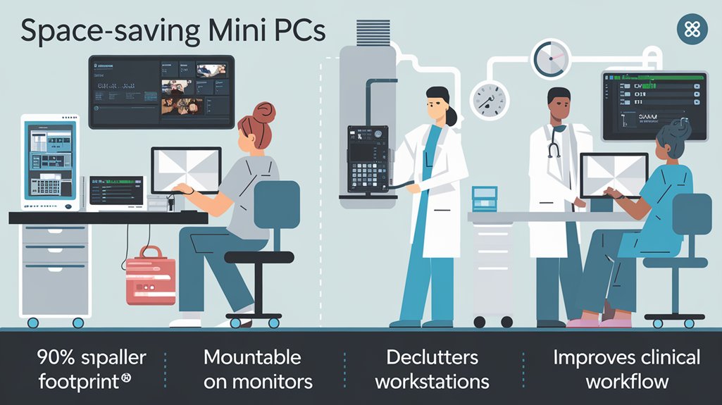 An infographic showing how space-saving mini PCs benefit healthcare professionals in medical settings. Include a hospital workstation with mounted mini PC, comparison of traditional tower vs mini PC footprint, and healthcare professionals accessing patient data. Emphasize compact design and efficient workflow.