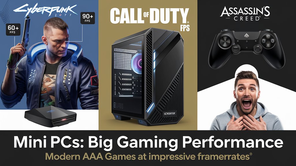 An infographic showing a sleek mini PC running AAA games with FPS counters for Cyberpunk 2077 (60+ FPS), Call of Duty (90+ FPS), and Assassin's Creed (70+ FPS). Include gaming peripherals and a surprised gamer's reaction. One reason wby gamers should use Mini PCs