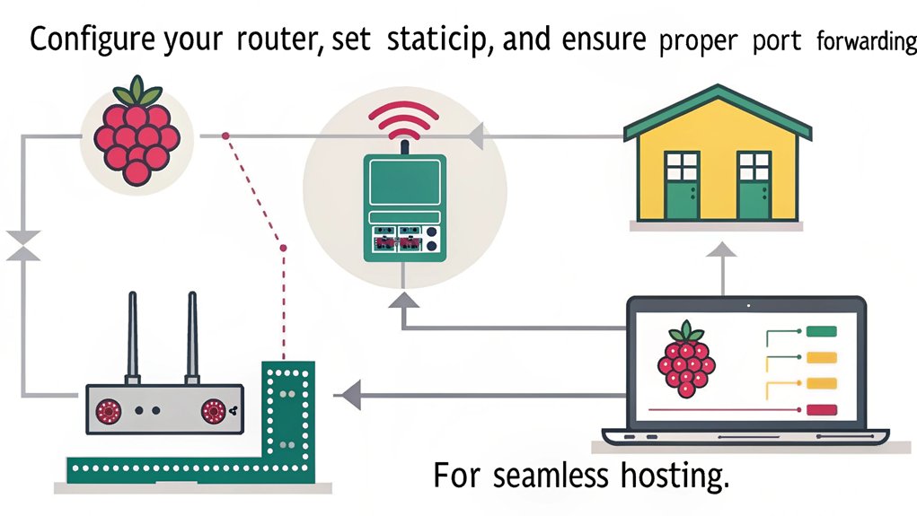 An infographic showcasing the steps for Network Setup and Port Forwarding while hosting your own domain with a Raspberry Pi.
