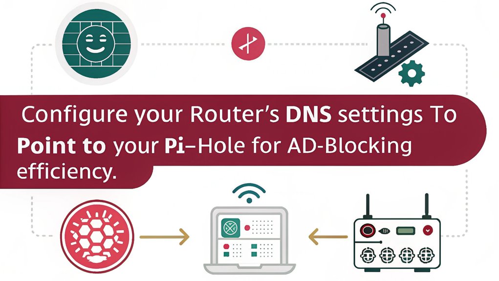An infographic detailing the steps to set up DNS for your router to implement Pi-hole on a Raspberry Pi to block advertising.
