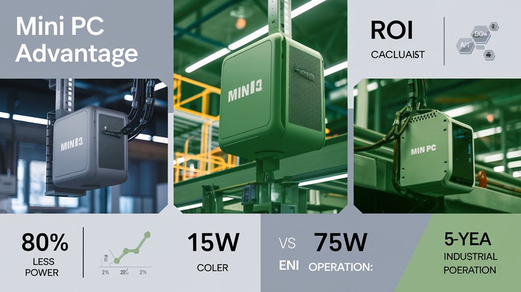 An infographic showing mini PCs in industrial settings highlighting lower power consumption with comparative wattage graphs versus standard PCs, ROI calculations, and thermal efficiency icons. Use industrial blues and greens with realistic mini PC images mounted in factories.