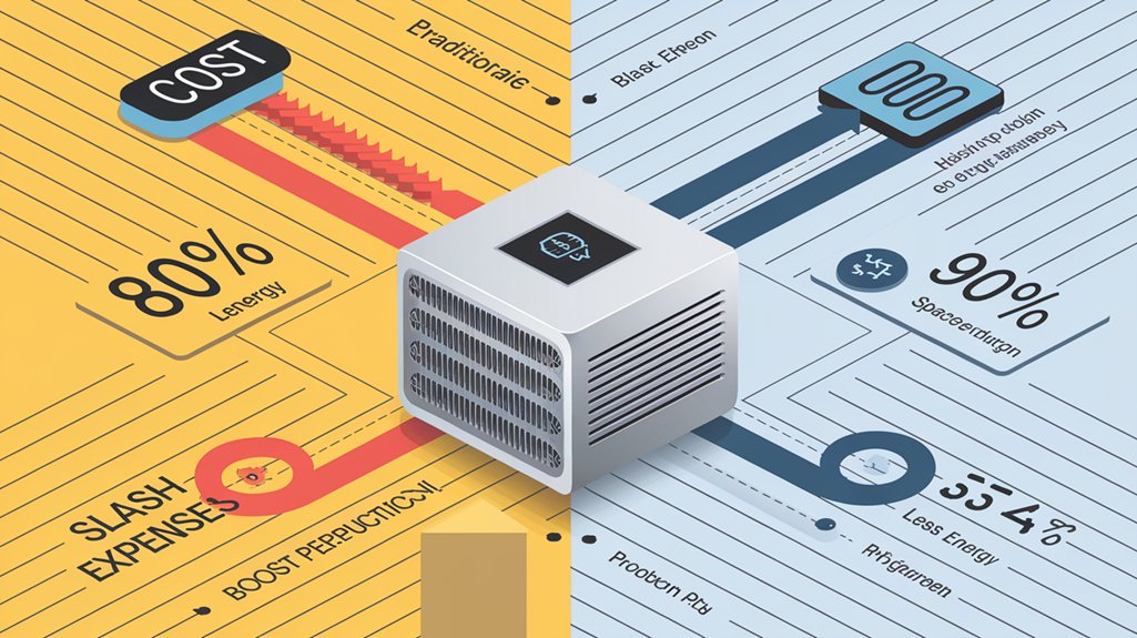 An infographic showing a business mini PC with dollar signs and performance graphs surrounding it. Use bright professional colors with clean lines. Illustrate cost comparison between traditional PCs and mini PCs, highlighting energy savings, space efficiency, and productivity gains. This shows reasons why businesses need a mini pc.