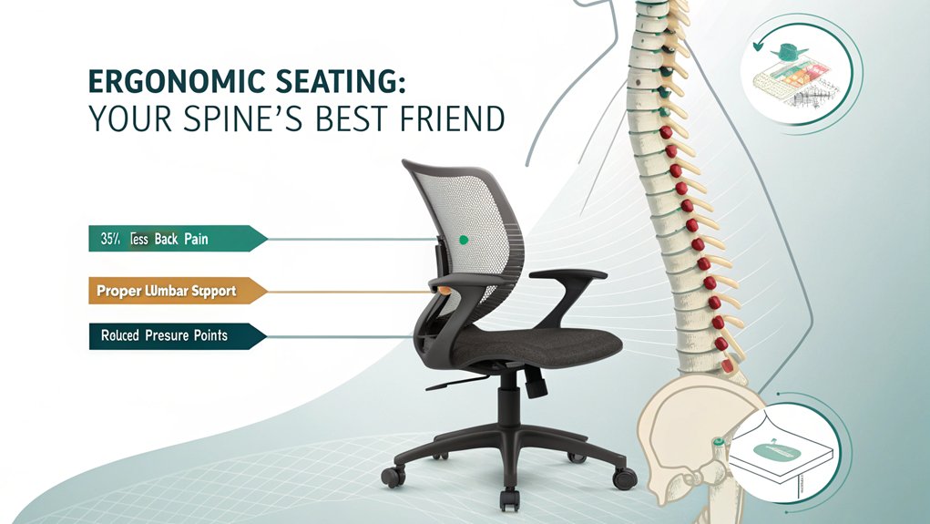 An infographic showing the long-term health benefits of ergonomic chairs, featuring a central spine illustration with arrows pointing to key benefits: reduced back pain, improved posture, increased productivity, and decreased healthcare costs. Include comparison charts of proper vs. improper seating positions. 
