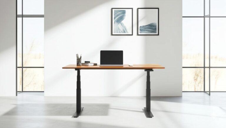 photorealistic image of a bright, modern home office workstation corner, half showing a sleek adjustable standing desk with a laptop and monitor, the other half showing a high-quality ergonomic chair positioned for sitting, soft natural light, minimalist decor, no people, focus on the furniture contrast,