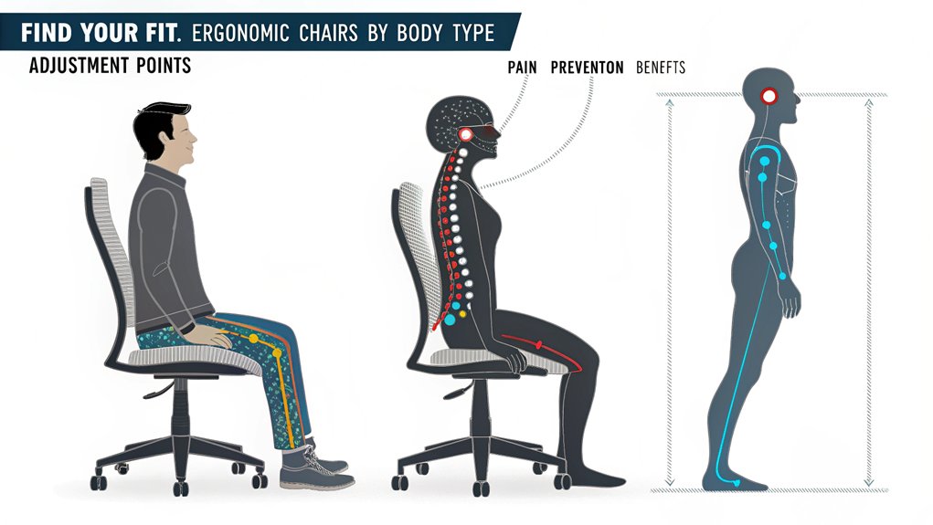 An infographic showing different ergonomic chair features matched to body types (tall, petite, average, plus-sized), with anatomical diagrams of proper spine alignment. Include adjustment points (lumbar support, seat height, armrests) and pain prevention benefits for each body type. 