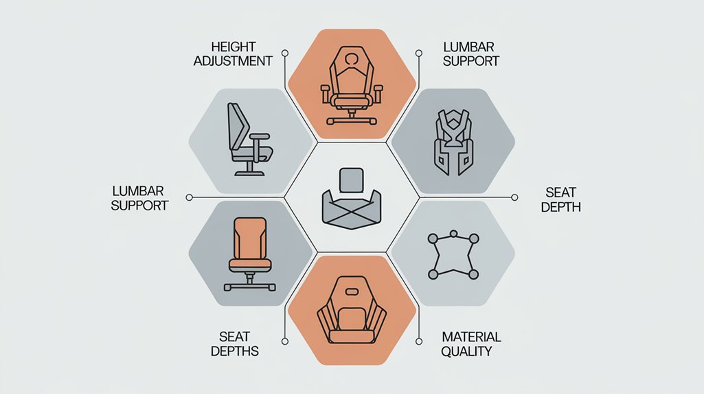 Ergonomic gaming chair selection factors include height adjustment, lumbar support, seat dept and material quality.