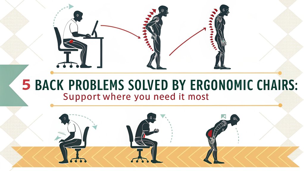 An infographic showing 5 common back problems (text labels: Poor Posture, Lumbar Strain, Disc Pressure, Muscle Fatigue, Sciatica) and how ergonomic chairs solve each with adjustable features. Use simple anatomical illustrations and arrows connecting problems to solutions. 