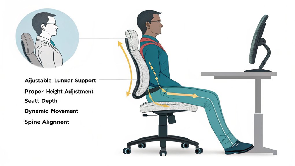 An infographic illustrating the essential features of ergonomic chairs that prevent back pain. Show adjustable lumbar support, seat height, armrests, and proper posture benefits. Include a spine alignment comparison between ergonomic and standard chairs. Use a professional, clean design with anatomical visuals. 