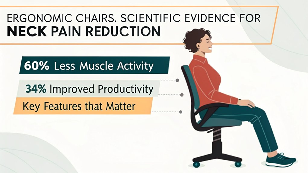 An infographic illustrating scientific evidence supporting ergonomic chairs for neck pain reduction, featuring proper sitting posture, key chair features (adjustable height, lumbar support, neck rest), and data showing decreased muscle strain and improved productivity with ergonomic solutions.