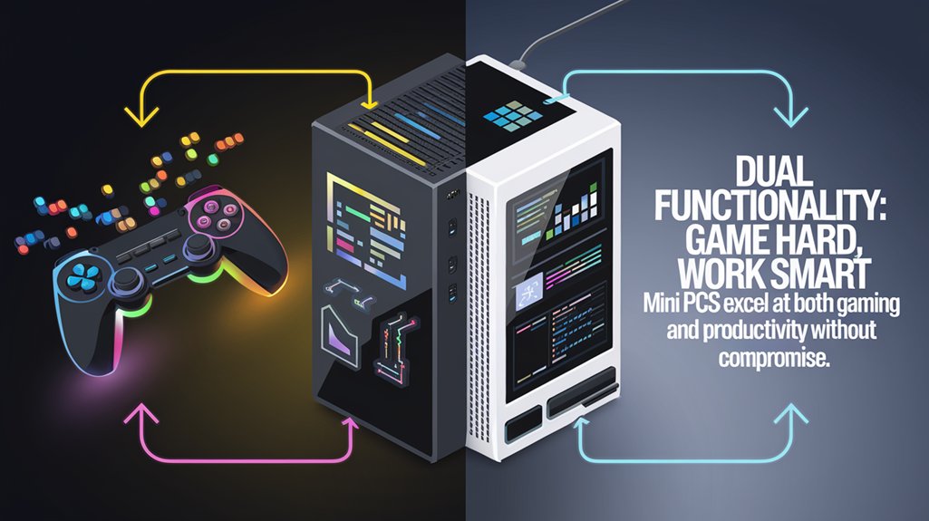 An infographic showing a stylized mini PC with two sides - one glowing with gaming elements (controller, RGB lights) and one with productivity tools (documents, graphs). Show arrows connecting both worlds, emphasizing versatility and seamless transitions between gaming and work.