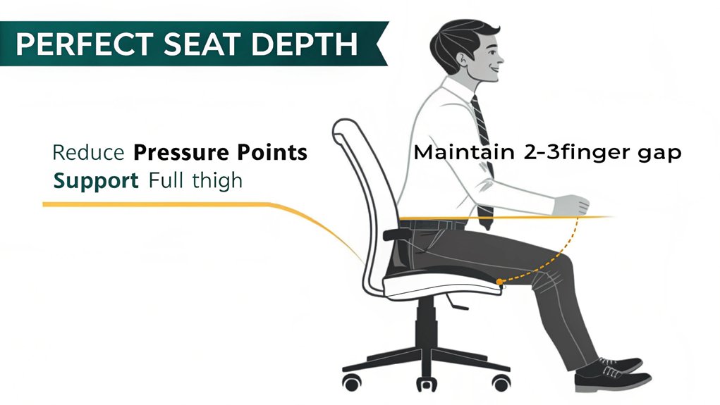 n infographic explaining how to adjust office chair seat depth for optimal posture, showing a side-view of a person sitting properly with 2-3 finger width space between seat edge and knees. Include a measurement guide and highlight pressure point reduction benefits.