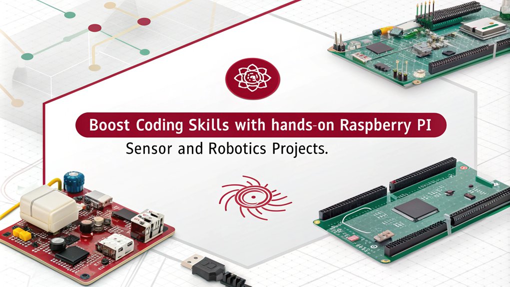 An infographic showcasing Sensor and Robotics Projects that enhance coding skills with Raspberry Pi. Highlight key projects, skill benefits, and practical applications. The only text in the image is as follows: "Boost coding skills with hands-on Raspberry Pi sensor and robotics projects."
