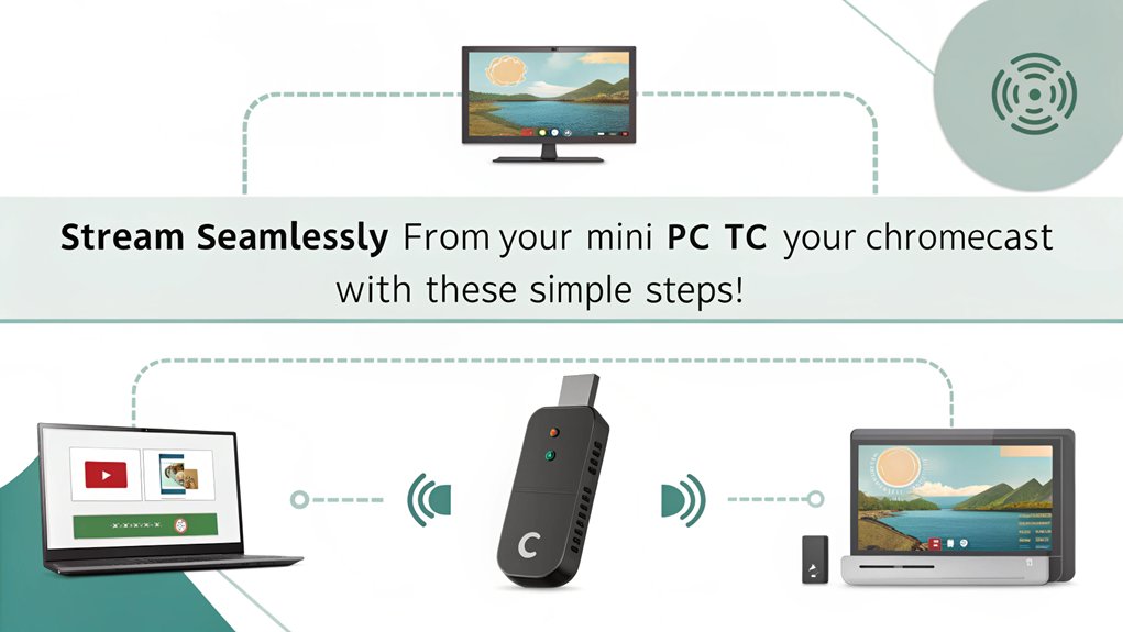 An infographic showcasing how to use Chromecast with a mini PC, covering steps for setup, streaming apps, and troubleshooting tips.