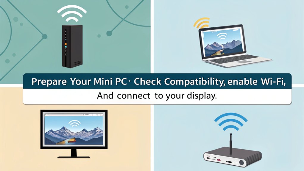 An infographic that illustrates the steps to integrate Miracast with a Mini PC, including system requirements, network settings, and connection tips.