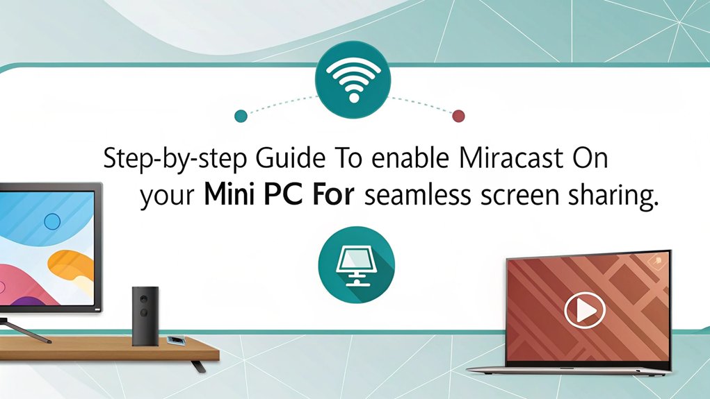 

@ Midjourney AI Image Prompt: An infographic illustrating the steps to integrate Miracast with a Mini PC to a Smart TV.

