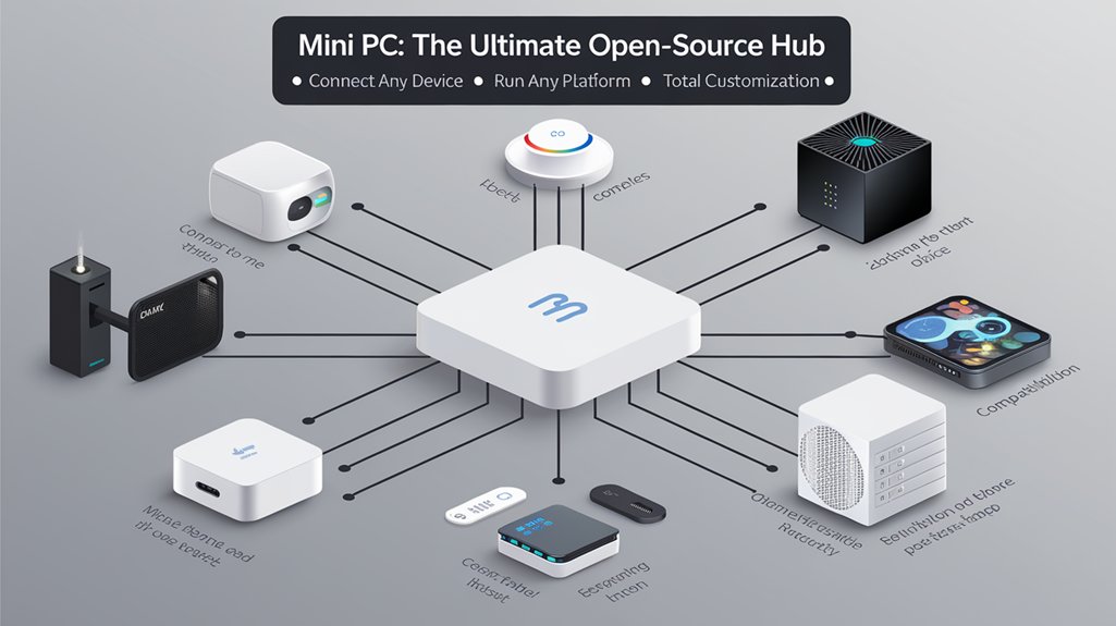 An infographic showcasing how Mini PCs provide flexibility for smart home control through open-source compatibility. Show multiple smart home systems connecting to one central Mini PC for smart home control. Visualize hardware compatibility with diverse platforms and customization options.