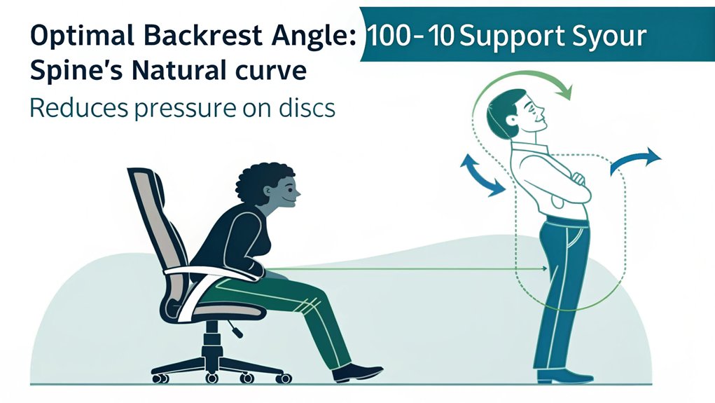 An infographic displaying proper backrest angle for adjusting your ergonomic chair. Show a side-view diagram of a person sitting with 100-110° backrest angle, supporting natural spine curve. Include visual measurement markers and a "correct vs. incorrect" comparison.