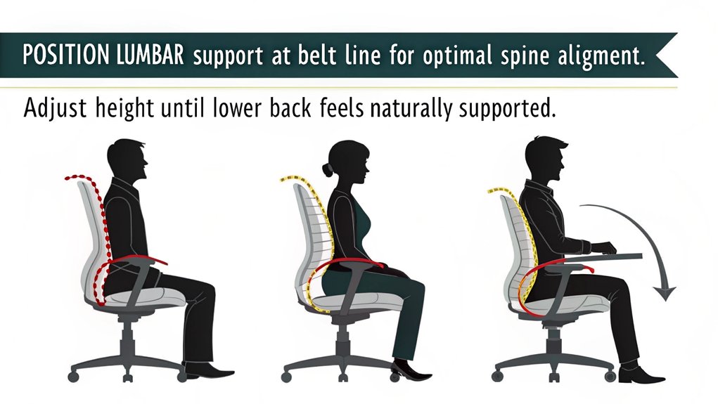 An infographic that shows the proper adjustment of lumbar support in an office chair. Include a side-view silhouette with the spine properly aligned, arrows pointing to the lower back area, and visualization of the S-curve. Show 3 positions: too high, too low, and ideal (at belt line). 