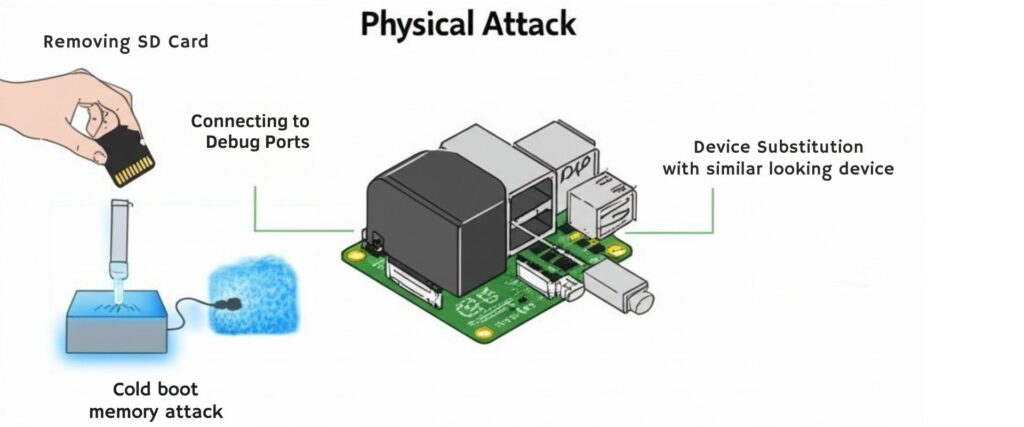 Diagram illustrating four common physical attack vectors targeting Raspberry Pi: SD card removal, port access, cold boot attacks, and device substitution.
