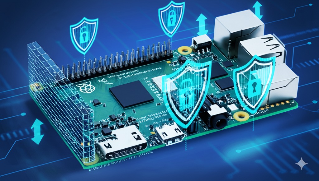 Illustration depicting software security measures on Raspberry Pi with physical vulnerability gaps that bypass protection, showing limitations of software-only approaches.