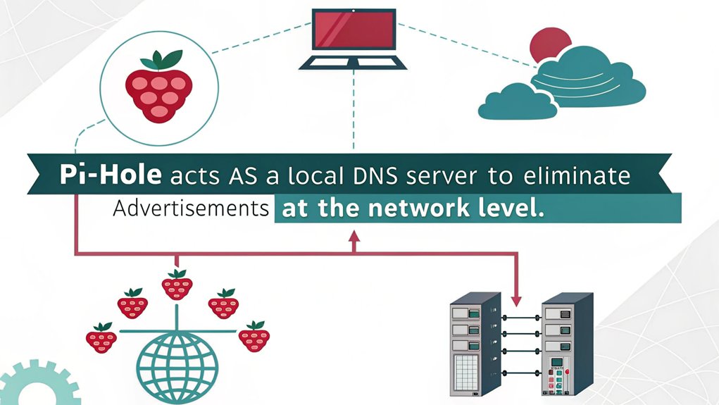 An infographic illustrating how Pi-hole blocks ads through DNS filtering on a Raspberry Pi. Showcase setup steps, benefits, and statistics on ad-blocking efficiency.