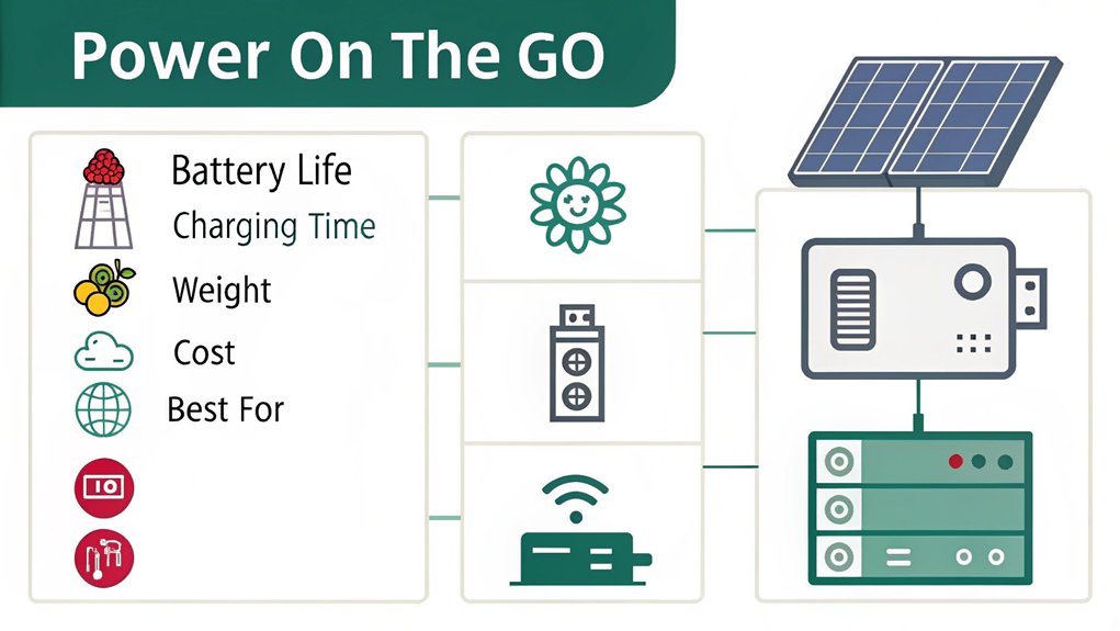 :An infographic showing 5 portable power supply options for Raspberry Pi home assistants, comparing battery packs, rechargeable lithium-ion batteries, USB power banks, solar panels, and UPS solutions. Use icons, comparison chart, and brief feature highlights for each option.