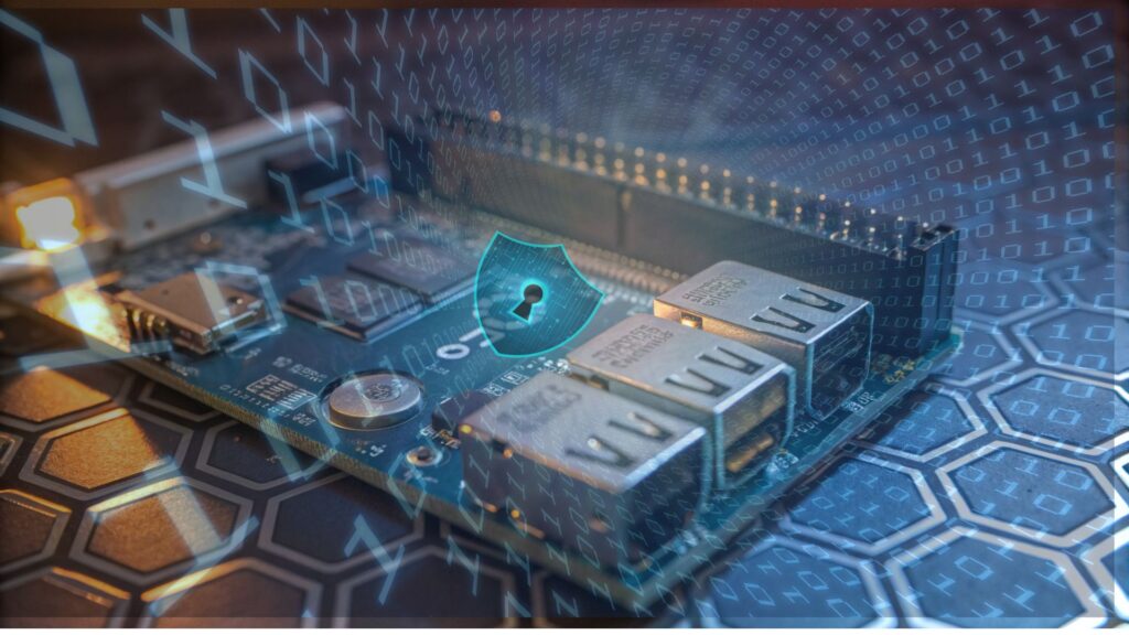 Protecting secrets on Raspberry Pi with hardware security module overlayed by digital encryption symbols representing hardware vs software protection
