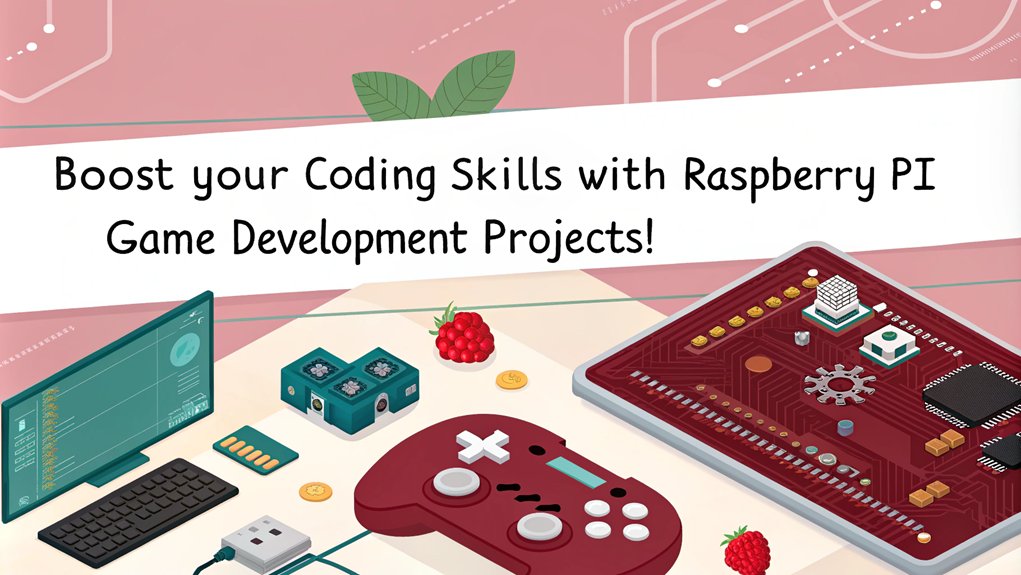 An infographic showcasing how game development projects with Raspberry Pi enhance coding skills. Highlight key projects, coding languages used, and learning outcomes. The only text in the image is as follows: "Boost your coding skills with Raspberry Pi game development projects!"