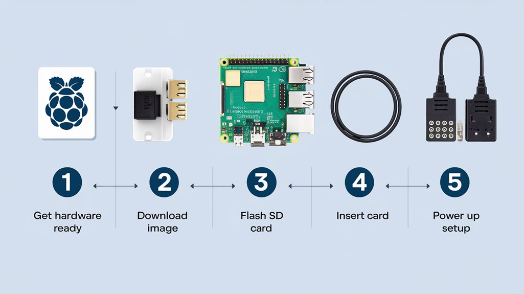 An infographic showing five sequential steps for preparing to install Home Assistant on a Raspberry Pi, using minimal flat icons in blue and white. Show a Raspberry Pi board, SD card, power supply, ethernet cable, and keyboard/monitor setup.