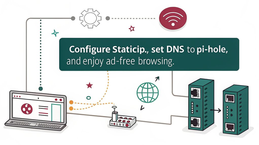 An infographic showcasing the steps to configure network settings while implementing Pi-Hole on a raspberry pi to block ads.
