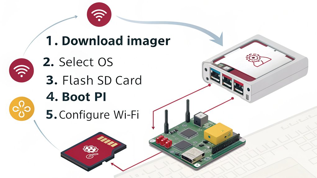 An infographic showing step-by-step process of setting up Raspberry Pi OS, featuring the device, micro SD card, Raspberry Pi Imager software, and Wi-Fi configuration screen. This is the first step to create an AI-Powered Home Assistant with Raspberry Pi