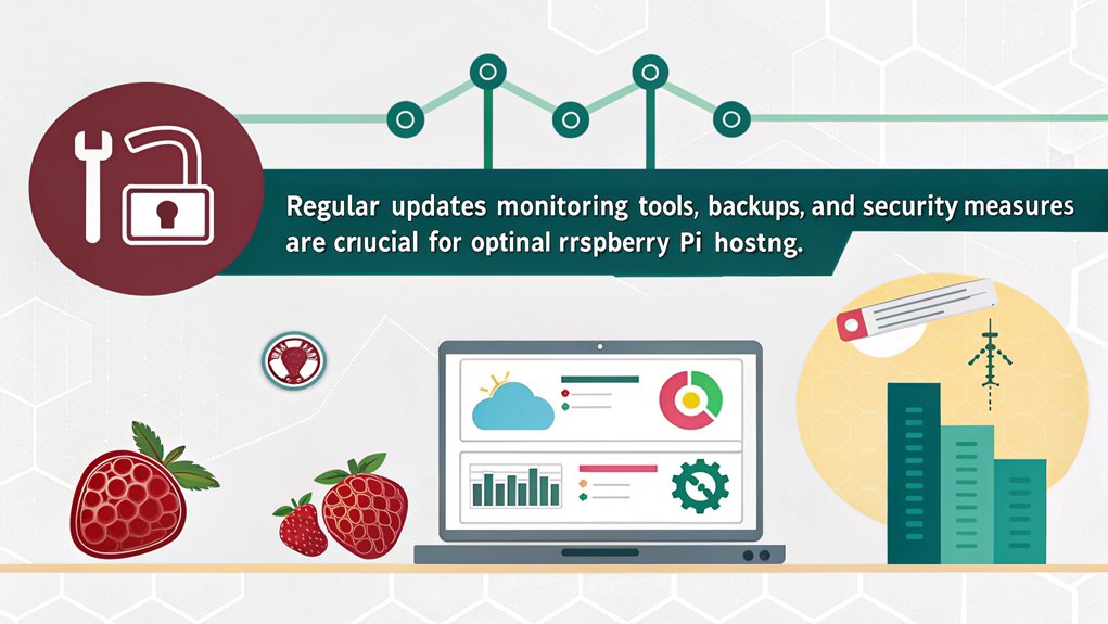 An infographic showcasing essential tips for maintaining and monitoring your own Raspberry Pi domain. Highlight key practices for performance, security, and uptime.