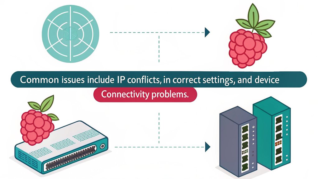An infographic detailing troubleshooting common DHCP issues when configuring Raspberry Pi as a DHCP server.