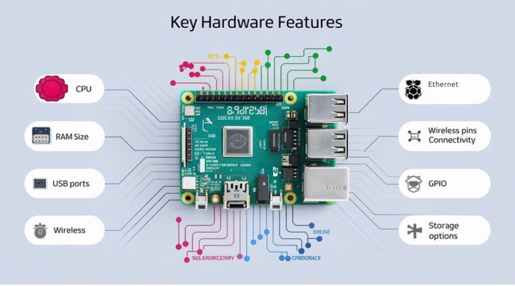 An infographic illustrating essential hardware features (CPU, RAM, USB ports, wireless connectivity, GPIO pins, storage options) to consider when choosing the right Raspberry Pi model