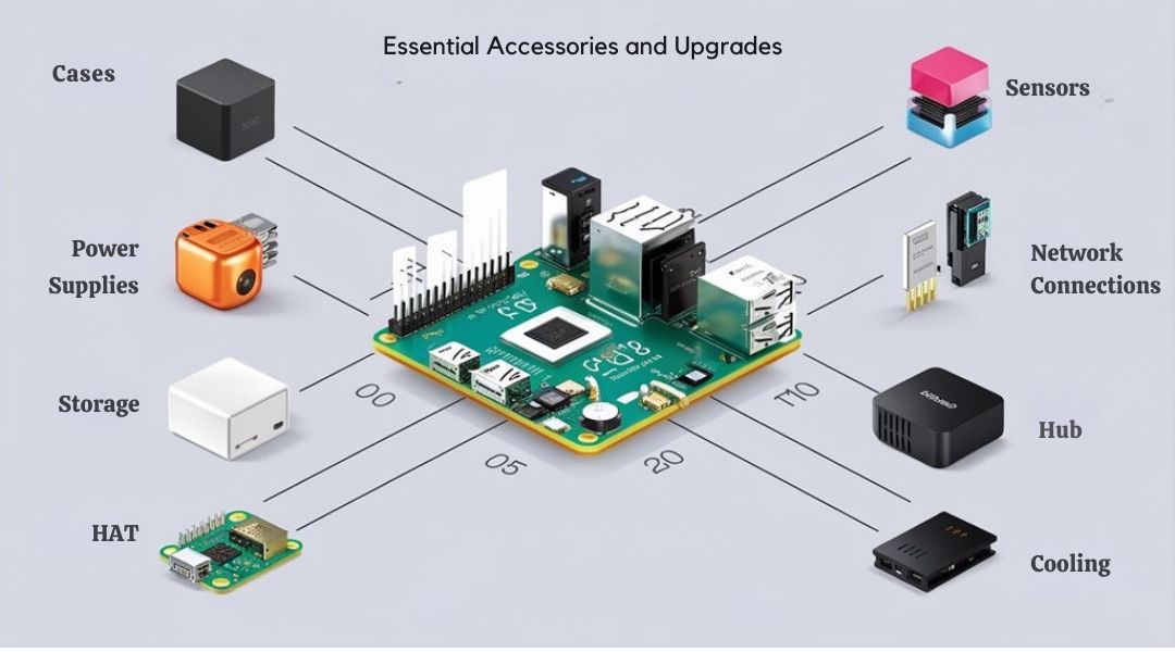 An infographic illustrating the must-have accessories and top upgrades when selecting your Raspberry Pi model, including cases, power supplies, cooling, and storage options.