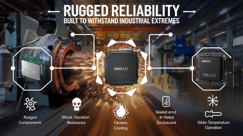 An infographic showcasing how Mini PCs excel in industrial settings, especially in harsh manufacturing environments. They feature: rugged components, shock/vibration resistance, fanless cooling, sealed IP-rated enclosures, and wide-temperature operation. Show industrial machinery with mini PCs integrated, highlighting withstanding dust, extreme temperatures, and vibration. 