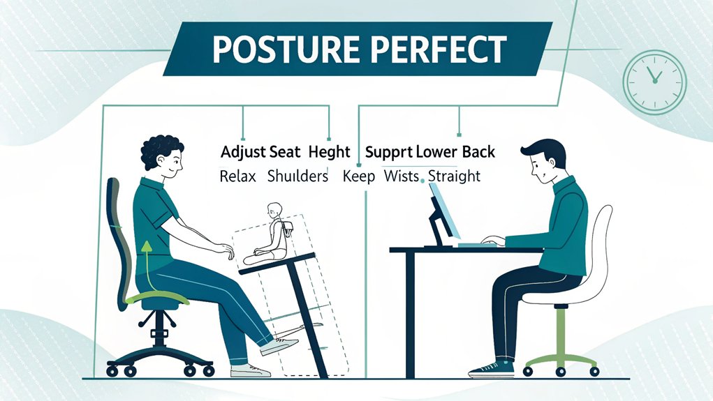 An infographic showing proper seated postures at a desk with ergonomic chair adjustments. Include illustrations of correct spine alignment, 90° elbow and knee angles, feet flat on floor, and monitor at eye level. Use blue and green colors with anatomical diagrams highlighting pressure points. 