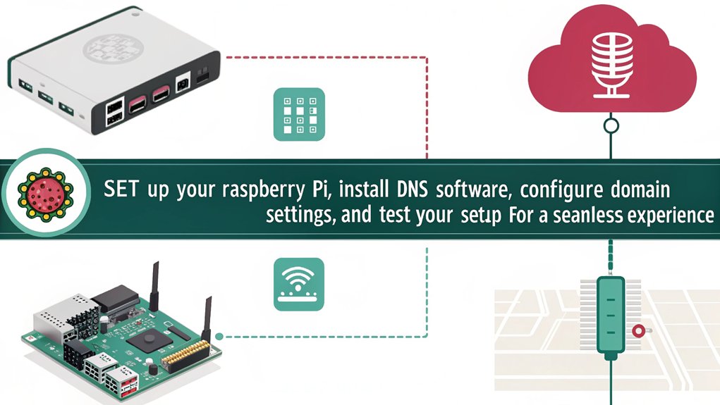 An infographic showcasing the steps to configure your DNS server when hosting your own domain with a Raspberry Pi. Highlight essential settings, tools, and troubleshooting tips.