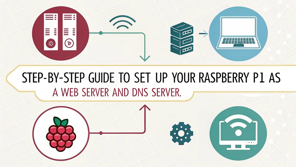 An infographic depicting the steps for installing DNS and web server software for hosting your own domain with a Raspberry Pi. 