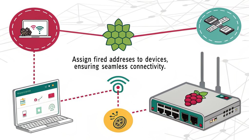 An infographic detailing the steps for configuring static IP assignments on a Raspberry Pi as a DHCP server. 
