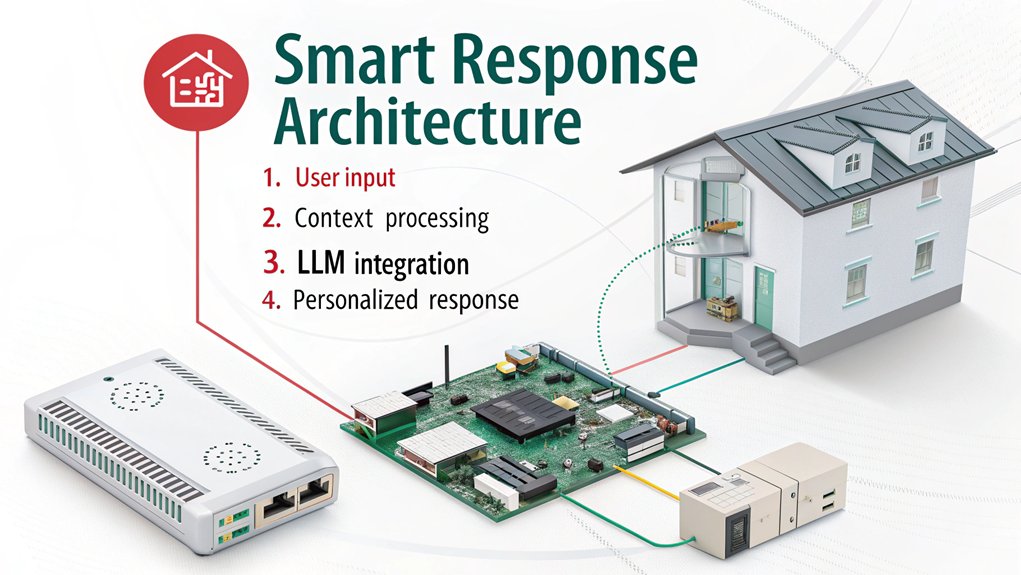 An infographic displaying the process of integrating language models into smart home systems. Show a Raspberry Pi connected to various home devices with arrows indicating data flow to LLMs and back as responses. Highlight key components: input processing, context awareness, and personalized outputs.