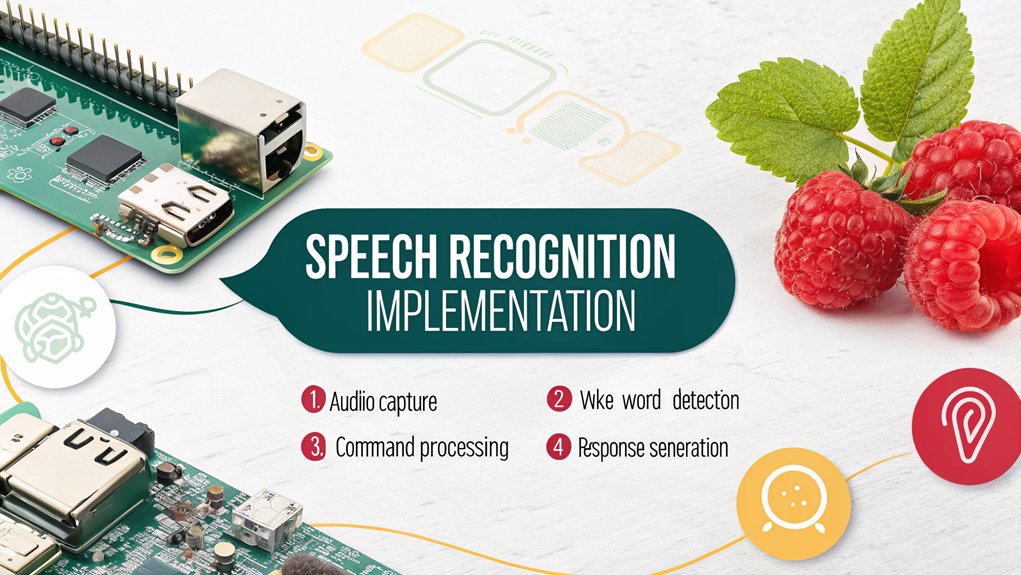 An infographic showing the step-by-step process of implementing speech recognition in a Raspberry Pi smart home assistant. Include hardware setup, software integration, and key Python libraries (SpeechRecognition, PyAudio). Highlight wake word detection and command processing flow with colorful icons and minimal text.