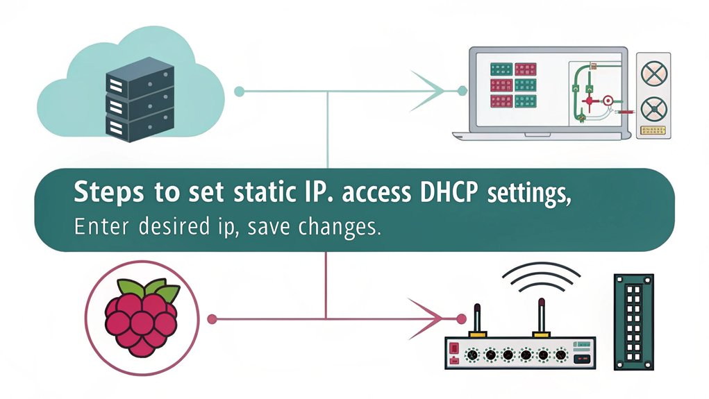 An infographic showcasing the process of configuring a Raspberry Pi as a DHCP server with network configuration for a static IP. 