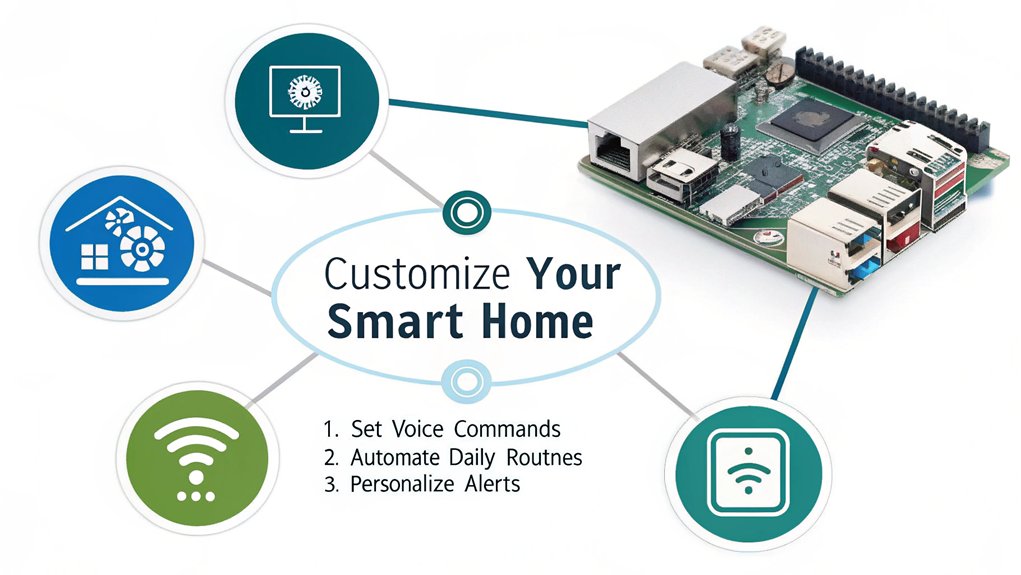 An infographic showing a Raspberry Pi at the center connecting to various smart home devices with arrows, illustrating the customization process in 3 simple steps: voice commands, automation schedules, and personalized notifications.