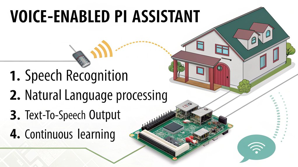 An infographic showing a modern smart home with Raspberry Pi at center, connecting to speakers, microphones, and devices. Illustrate voice activation workflow with speech-to-text conversion and response generation arrows.  